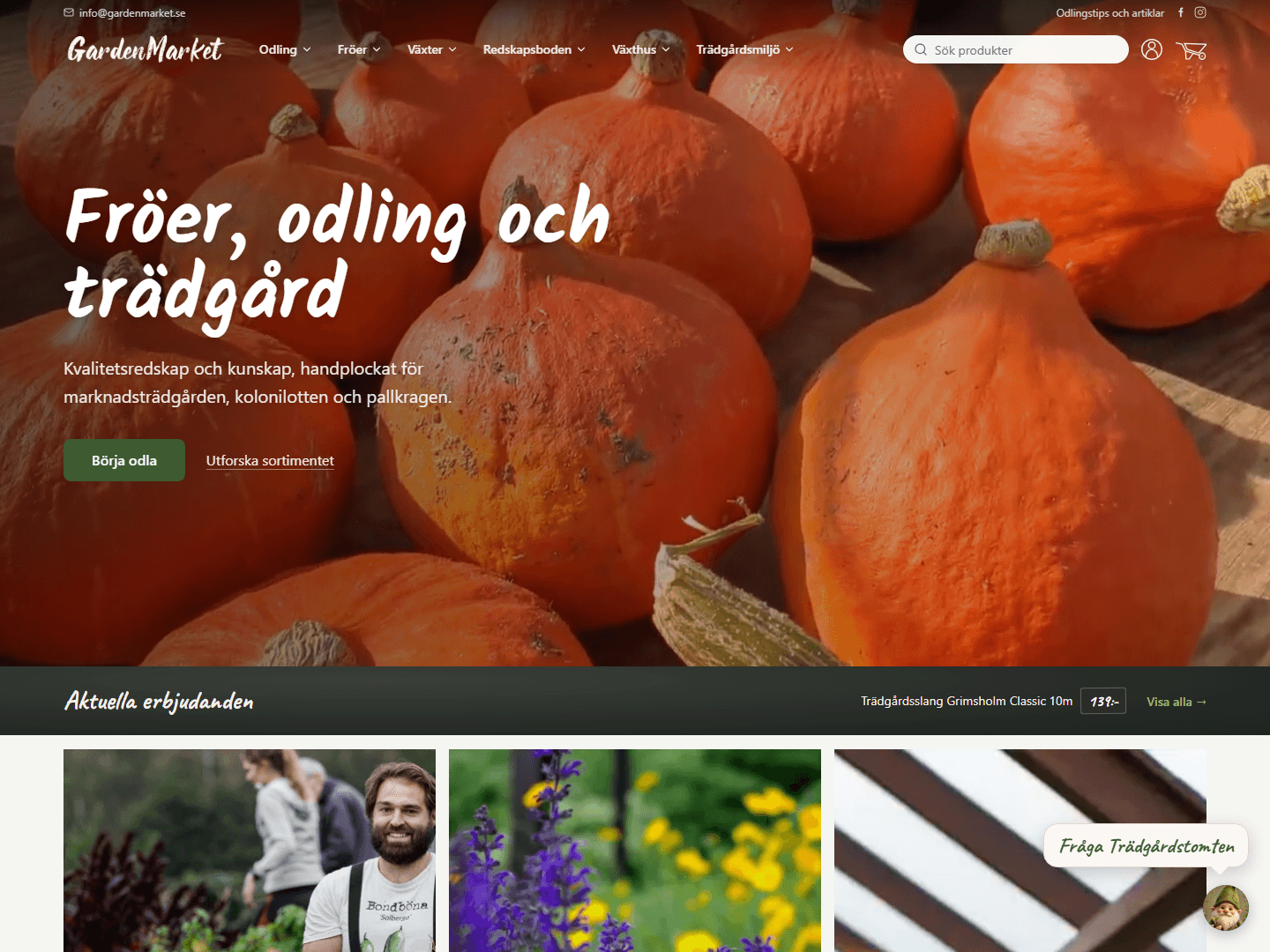 GardenMarkets startsida med pumpor i närbild, rubriken Fröer, odling och trädgård samt knappar för att börja odla och utforska sortimentet.